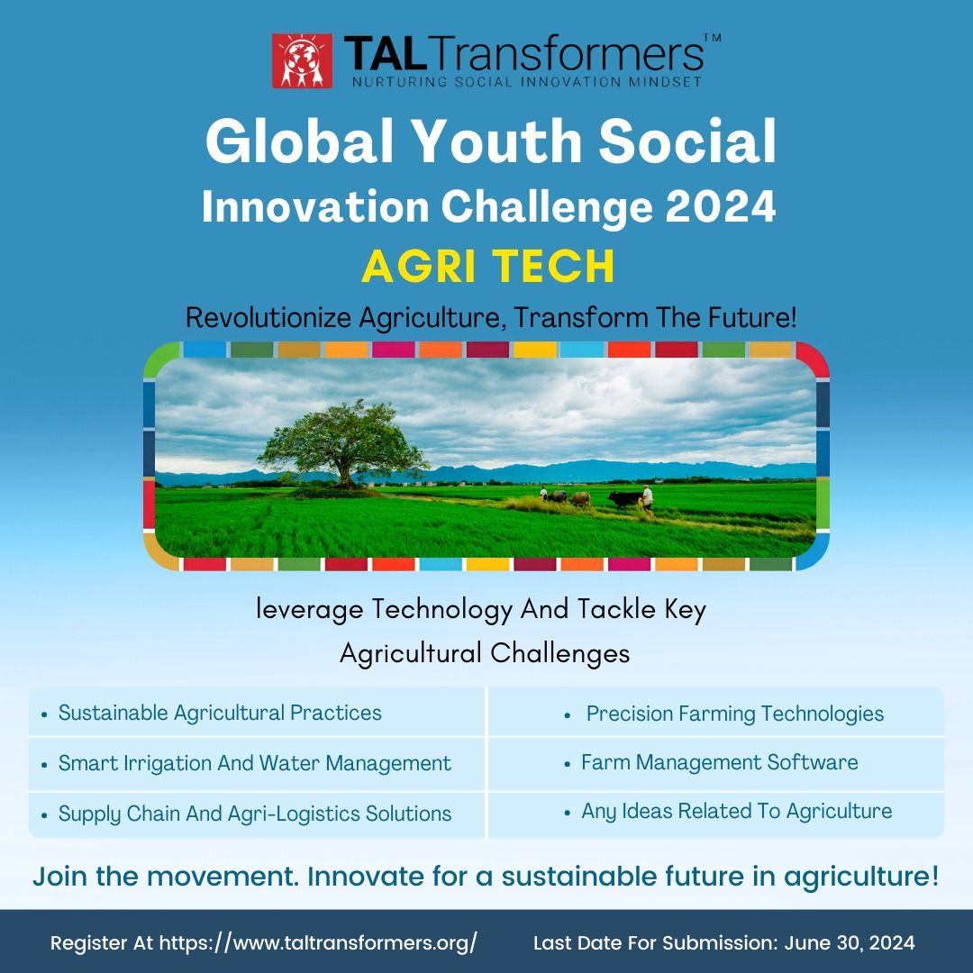 Tackle agricultural challenges with tech at the TALTransformers Global Youth Social Innovation Challenge 2024 

Register Now at: app.taltransformers.org/signup

Email at info@taltransformers.org 

#touchalifefoundation #taltransformers
<a href="/VGundavelli/">Veena Gundavelli</a> <a href="/saigundavelli/">Sai Gundavelli</a>