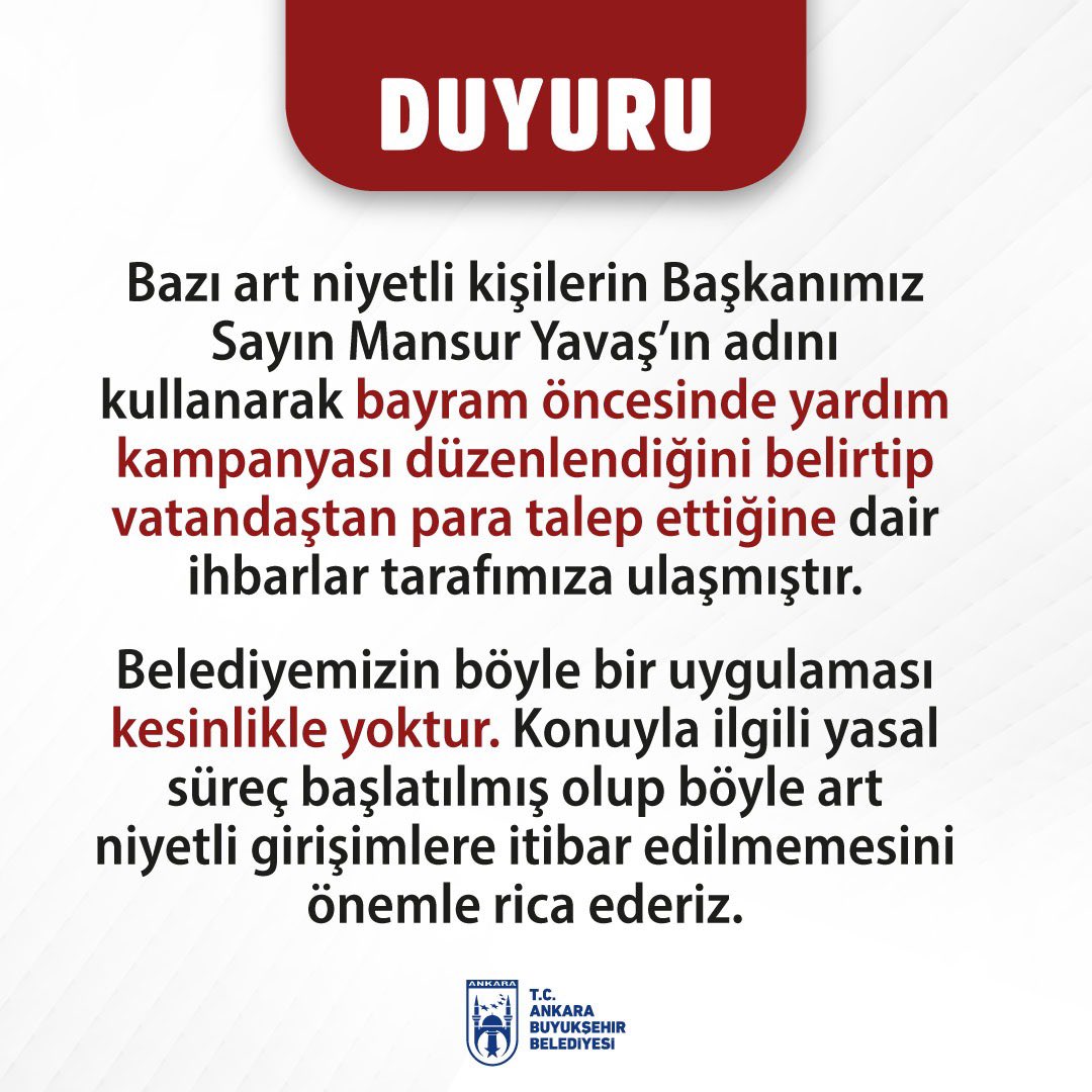 Ankara Büyükşehir Belediyesi’nden “Dolandırıcılık” uyarısı: