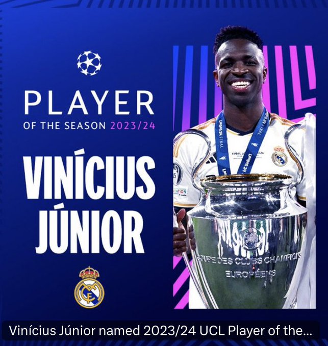 VINICIUS ELEGIDO COMO MEJOR JUGADOR DE LA CHAMPIONS LEAGUE

Más que merecido <a href="/vinijr/">Vini Jr.</a> 👏🤍