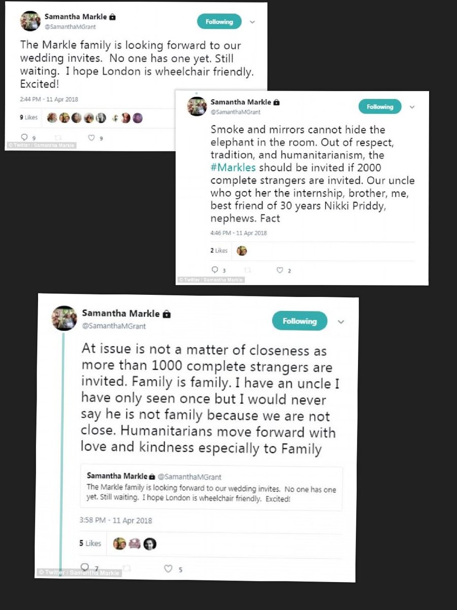 ChezSoryuChris's tweet photo. 11/x 11-12APR2018 #ScamanthaEXPOSED once again shared her discontent for not being invited to the Royal Wedding in a series of tweets. I still don't know what made her think she would be invited... Meghan doesn't know you or owe you anything ! ๐คท๐พโโ๏ธ
#SSreceipts https://t.co/gDqac16qsQ