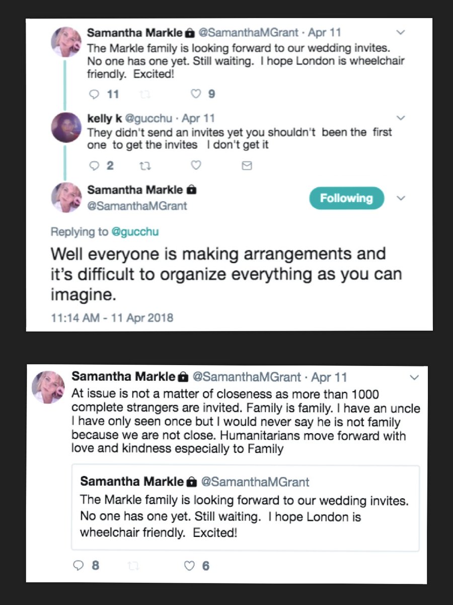 ChezSoryuChris's tweet photo. 11/x 11-12APR2018 #ScamanthaEXPOSED once again shared her discontent for not being invited to the Royal Wedding in a series of tweets. I still don't know what made her think she would be invited... Meghan doesn't know you or owe you anything ! ๐คท๐พโโ๏ธ
#SSreceipts https://t.co/gDqac16qsQ