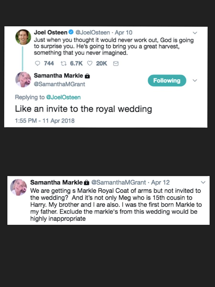 ChezSoryuChris's tweet photo. 11/x 11-12APR2018 #ScamanthaEXPOSED once again shared her discontent for not being invited to the Royal Wedding in a series of tweets. I still don't know what made her think she would be invited... Meghan doesn't know you or owe you anything ! ๐คท๐พโโ๏ธ
#SSreceipts https://t.co/gDqac16qsQ
