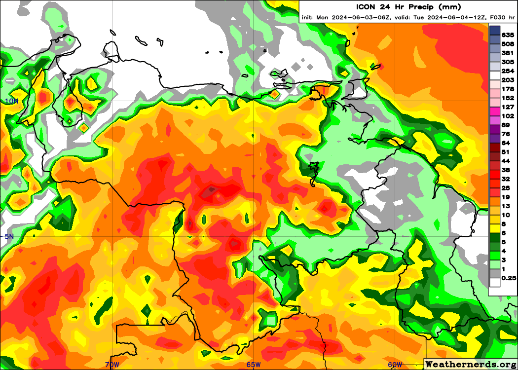 EstebanWXcast's tweet image. Venezuela, salida de los modelos de precipitación acumulada en 24 horas, terminadas a 08:00 HLV del 04JUN24, según GFS, ICON, GEM y ECMWF. Se prevén acumulados significativos en todo el país, mayores en Sierra de Perijá, Andes, Llanos, sur de Bolívar y Amazonas.