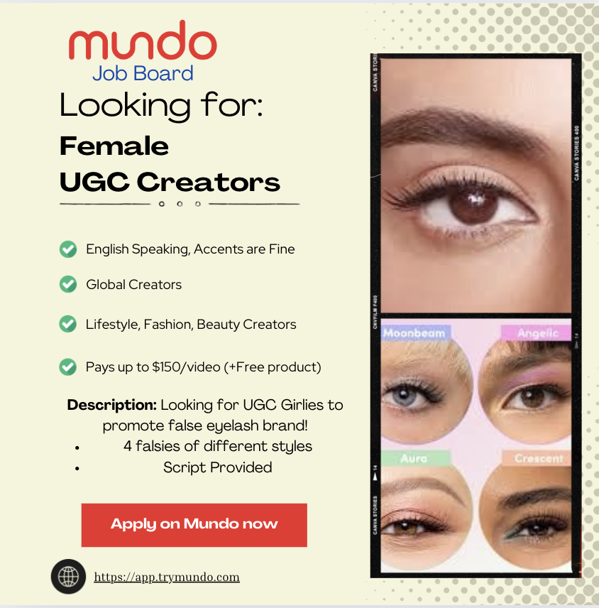 TryMundo's tweet image. Beauty brand on Mundo is looking for female UGC creators to promote false eye lashes! Pays up to $150/video!

If you're interested, please reply with your portfolio OR directly apply here: app.trymundo.com/creator/market…

#ugc #ugccommunity #ugccreator