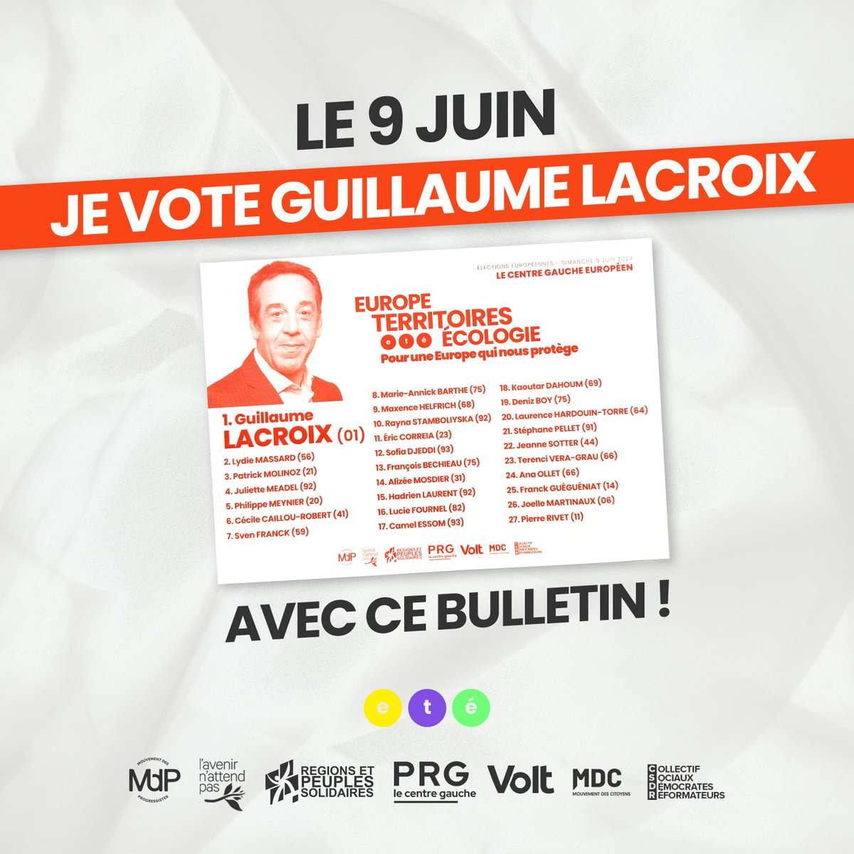 Le #9Juin, votez pour notre liste portée par Guillaume <a href="/Lacroix_PRG/">Guillaume Lacroix</a> avec ce bulletin que vous trouverez dans tous les bureaux de vote ! 

Le 🗳️ N°3⃣1⃣, couleur orange ! 🟠

Votez pour un rassemblement inédit de centre gauche 🇪🇺, garanti sans NUPES ! 

📲 europeterritoiresecologie.com