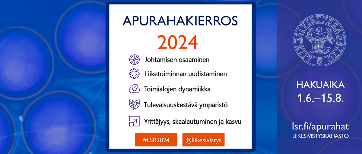 Liikesivistysrahaston apurahakierros on avattu! 📣Tutustu hakukauden 2024 linjauksiin ja ohjeisiin – hae apurahaa 15.8. mennessä.🌟
lsr.fi/liikesivistysr…

#kauppatieteet 📚
#liiketalous 💼
#tutkimus 🔍
#tutkimusryhmä 👥
#innovaatiot 💡
#kaupallistaminen 📈
#kasvu 🌱
#lsr2024 🎓