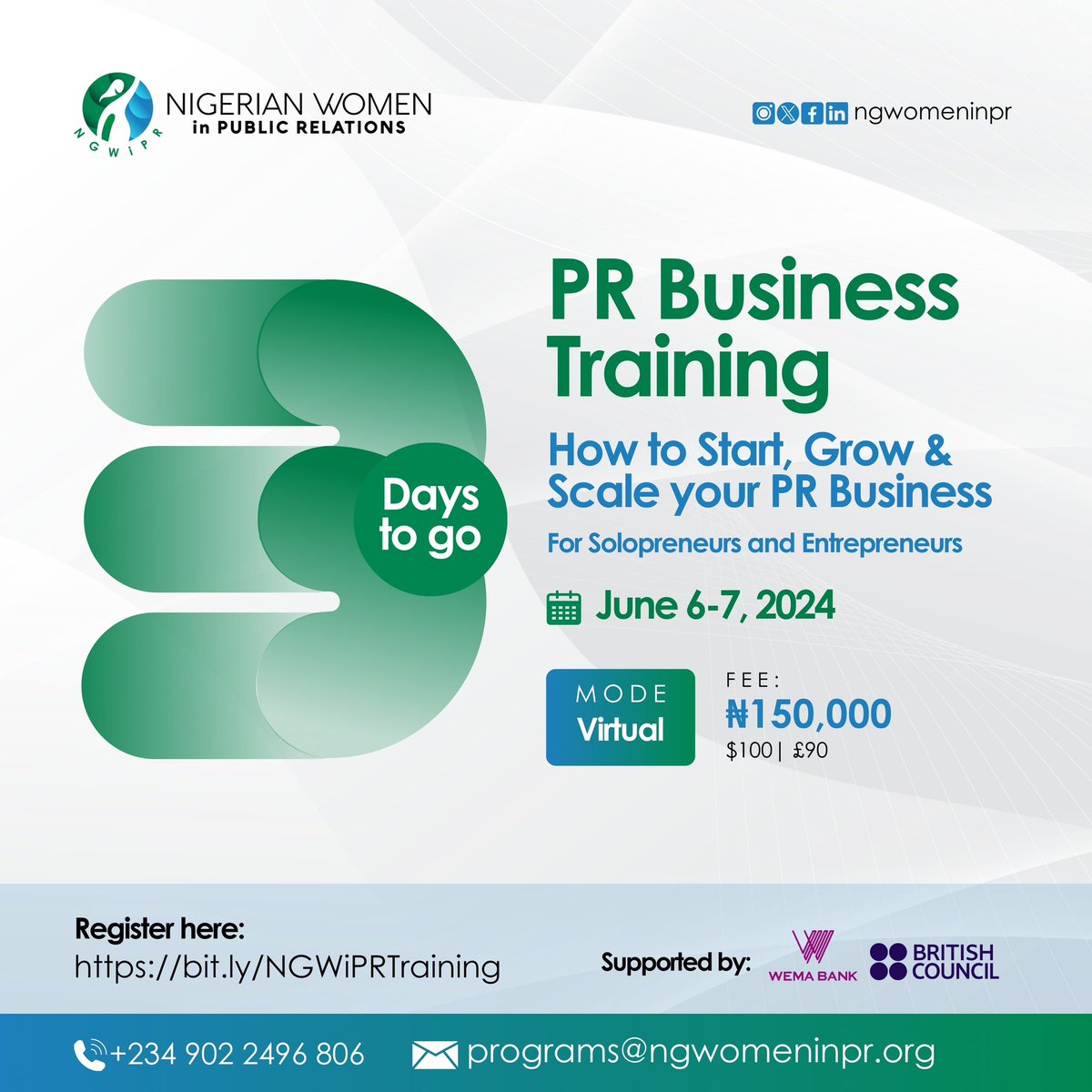 NGWomeninPR's tweet photo. Where would you rather be on June 6-7, 2024? Learning how to make your business profitable or complaining about the economy? Choose growth. Transform your business into a success. Register now https://t.co/2Sw3yjeXk3 and secure your slot! #PRBusinessTraining #Entrepreneurship https://t.co/yUzyjNPX0v