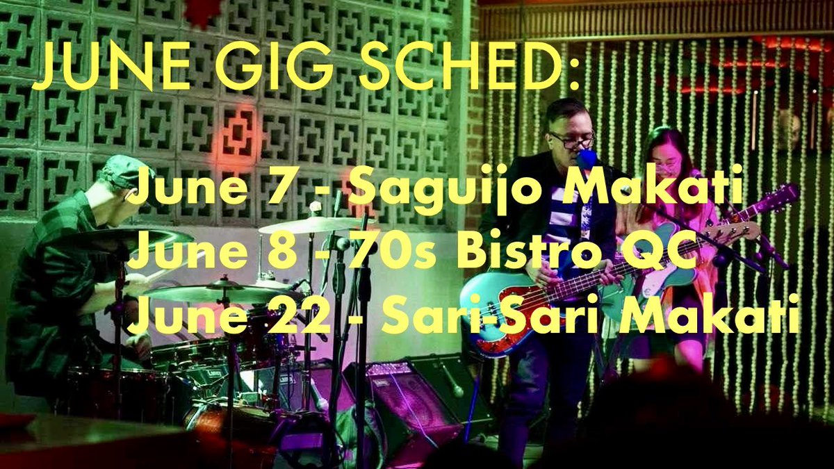 Hello everyone! Here’s our shows for the month:

June 7 - Saguijo: Pt 2 of Saguijo’s 20th anniversary

June 8 - 70s Bistro: The Pin-Up Girls vinyl record launch

June 22 - Sari-Sari: Opening for Mojofly 

See you at the shows! 💙🎢

Also, HAPPY PRIDE MONTH!!
❤️🧡💛💚💙💜🏳️‍🌈