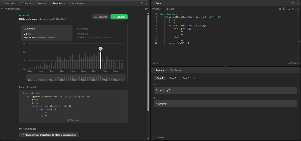 Himanshu_kr9192's tweet photo. Continuing my daily #streak on #LeetCode! 🌟 Solved the "Append Characters to String to Make Subsequence" challenge today. 
https://t.co/wuDxyijdpM
#dailypractice #codechallenge #keepcoding #developers #tech #problemsolving #codeinpublic #dailygoals #practiceinpublic #connect https://t.co/vVIyuaBlQB