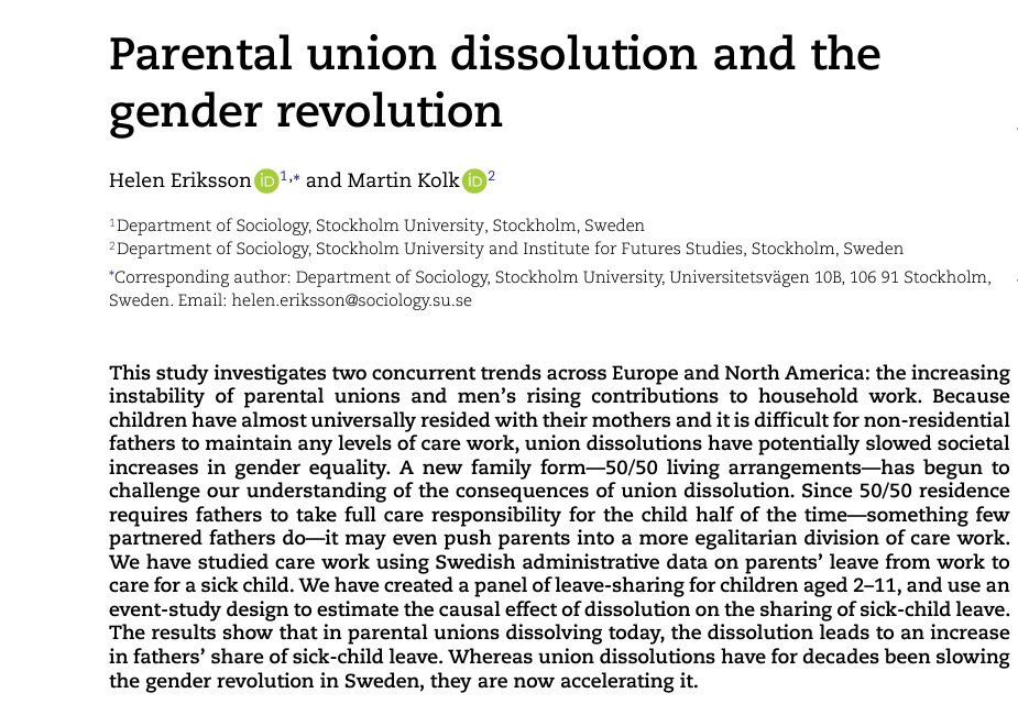 Has new post-separation living arrangements transformed the meaning of divorce in high-income societies?

<a href="/HelenEriksson13/">Helen Eriksson</a>  and I explore in @SF_journal  how the dissolution of a union makes gendered care work more equal than before the union dissolution.

doi.org/10.1093/sf/soa…
