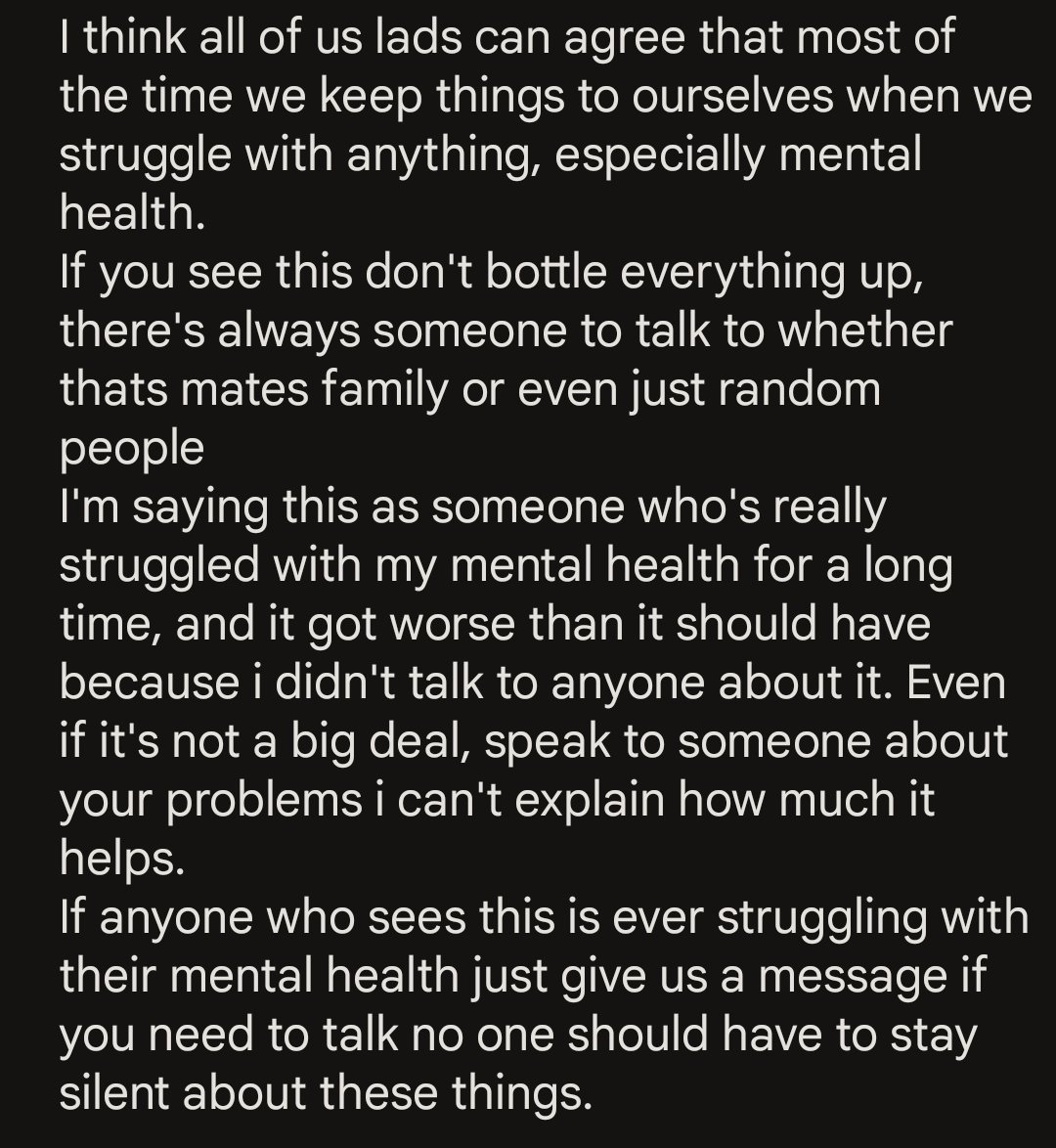 It's okay not to be okay lads, dms open if anyone needs to get owt off their chest #mensmentalhealthmonth