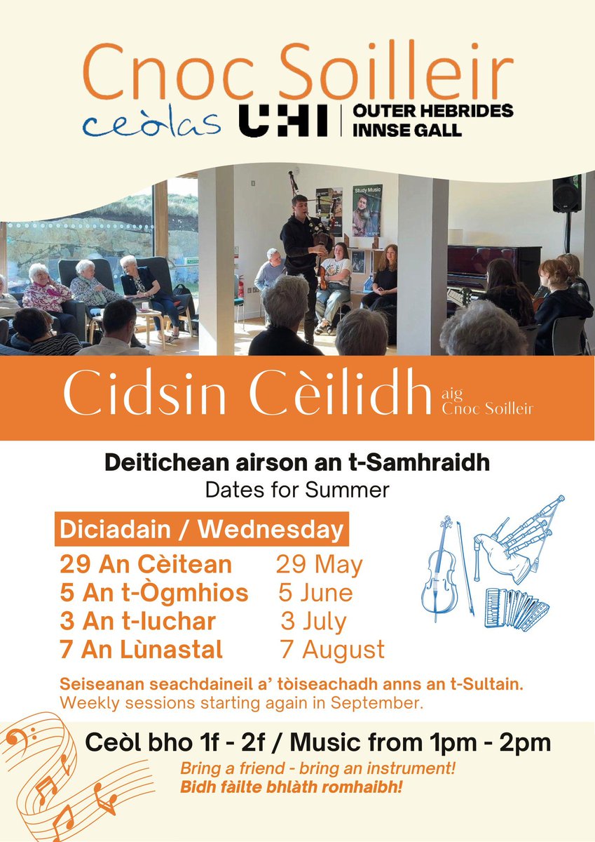CSoilleir's tweet photo. Dìreach cuimhneachan gum bi Cèilidh Cidsin ann Diciadain 1f gu 2f. Feuch an tig thu agus mas urrainn dhut ionnstramaid a chluich no sheinn tha fàilte mhòr ort pàirt a ghabhail as a cheilidh
@ceolas_uibhist @UHI_NWH #ThinkUHI #LiveMusic #Uibhist https://t.co/hV0FnpuRKo