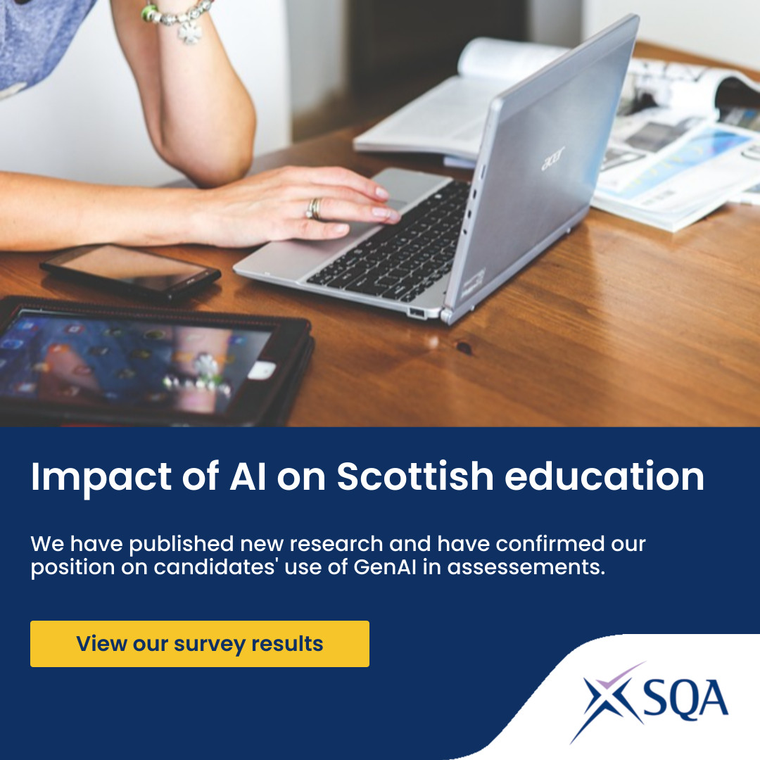 Following a survey of over 500 educators, we have published findings on the impact of Generative Artificial Intelligence (GenAI) on Scottish education. We have also confirmed our position on GenAI in assessments for session 2024-25. ➡️ ow.ly/9e5x50S6BFf