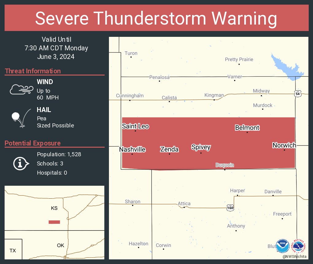 Severe Thunderstorm Warning continues for Norwich KS, Zenda KS and Spivey KS until 7:30 AM CDT