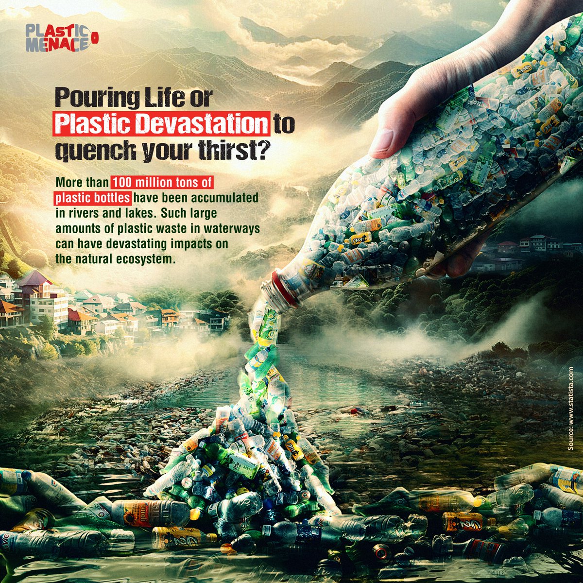 PlasticMenace's tweet image. Watch-Out! To satisfy your thirst are you pouring life or plastic devastation?
Over 100 million tons of plastic bottles clog our rivers &amp;amp; lakes, suffocating marine life. Every sip from a plastic bottle fuels this growing catastrophe. #StopUsingPlastic to preserve our waterways &amp;amp;…