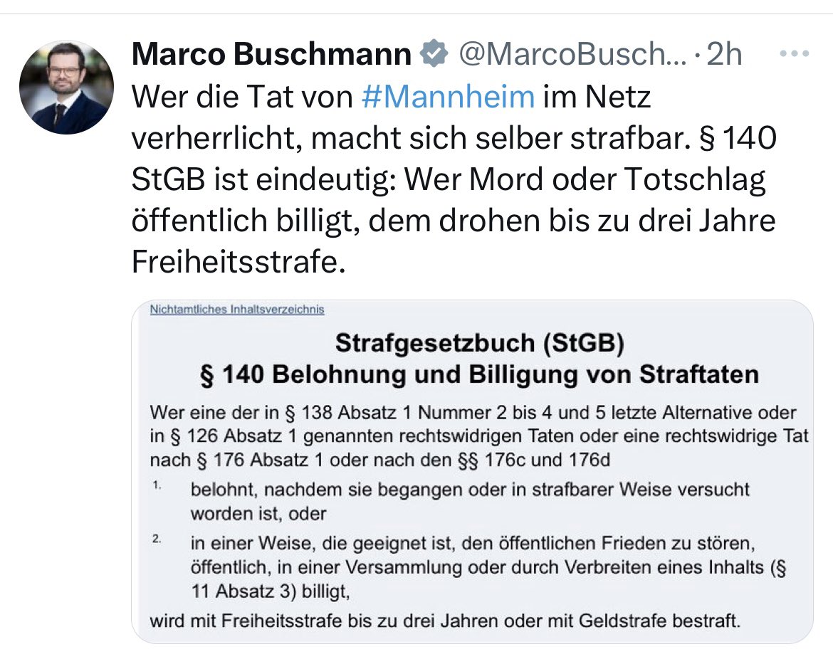 Wir haben massenweise Leute gesehen, die den Mörder des Polizisten gefeiert haben. Wer geht diesen Straftaten nach? Oder bleibt es einfach nur bei der Erinnerung an die Gesetze? 
#einervonuns #mannheim