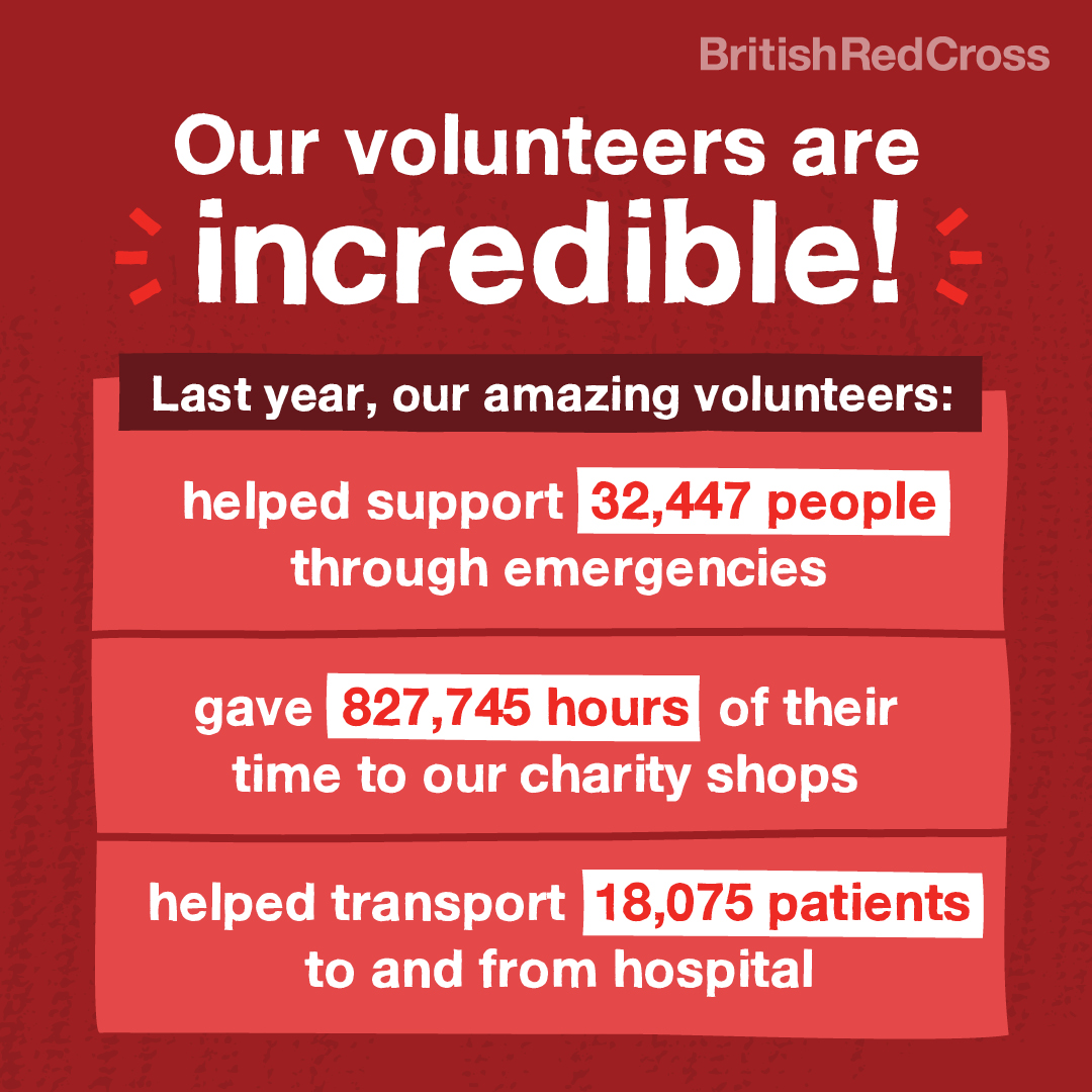 BritishRedCross's tweet photo. We want to give a big shout-out to our volunteers this #VolunteersWeek!

We have over 10,500 regular volunteers and over 17,600 reserve and we're always amazed at their hard work and dedication. ❤ 

Thank you! https://t.co/GPAS8Ye1lf