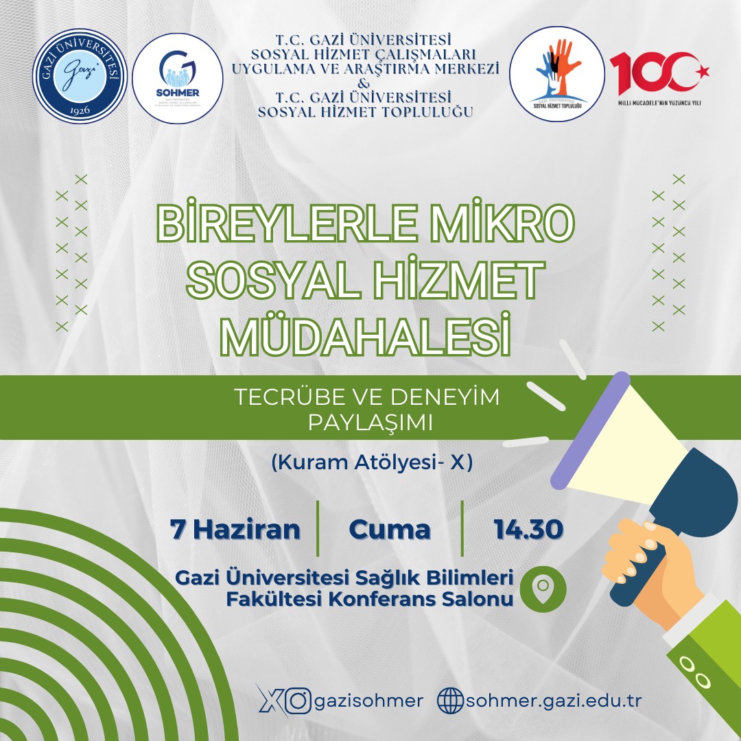 Gazi Üniversitesi Sosyal Hizmet Çalışmaları Uygulama ve Araştırma Merkezi olarak Gazi Üniversitesi Sosyal Hizmet Topluluğu ile düzenlediğimiz "Bireylerle Mikro Sosyal Hizmet Müdahalesi: Tecrübe ve Deneyim Paylaşımı" isimli etkinliğimize tüm arkadaşlarımız davetlidir!