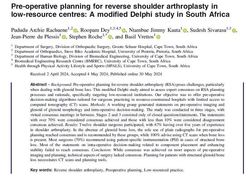 Orthopaedic Research Unit (ORU), UCT (@oruuct) on Twitter photo NEW: A collaboration with the Division of Biomedical Engineering gaining consensus on pre-operative planning for reverse shoulder arthroplasty in low-resource centres - CT scans and planning tools are needed.
Well done to all involved!
📎 sicot-j.org/articles/sicot…
<a href="/UCTMedTech/">UCT MedTech</a> NEW: A collaboration with the Division of Biomedical Engineering gaining consensus on pre-operative planning for reverse shoulder arthroplasty in low-resource centres - CT scans and planning tools are needed.
Well done to all involved!
📎 sicot-j.org/articles/sicot…
<a href="/UCTMedTech/">UCT MedTech</a>