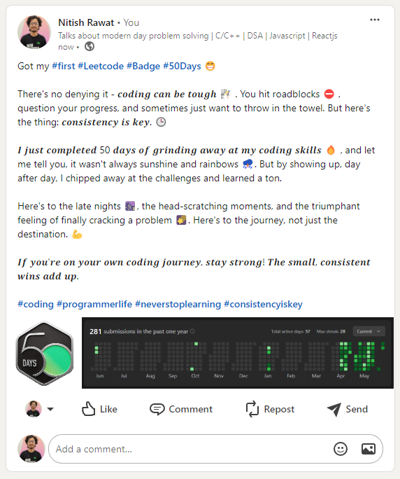 paper_091's tweet image. 𝑰'𝒎 𝒔𝒐 𝑯𝒂𝒑𝒑𝒚!!!  😁😁

#FirstFifty #DSA #Leetcode #DailyWins #Compounding #ConsistencyIsTheKey #NeverStopLearning