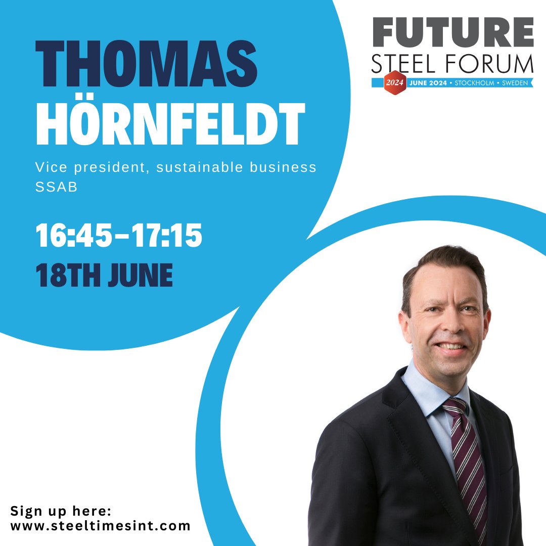 Future_Steel's tweet photo. We're thrilled to announce Thomas Hörnfeldt, vice president, sustainable business, @SSAB_AB, as one of the eminent speakers of this year's Future Steel Forum, held in Stockholm, Sweden.

For more details, click below:

https://t.co/EP3o9Ybjk0 https://t.co/KuMs7en4TL