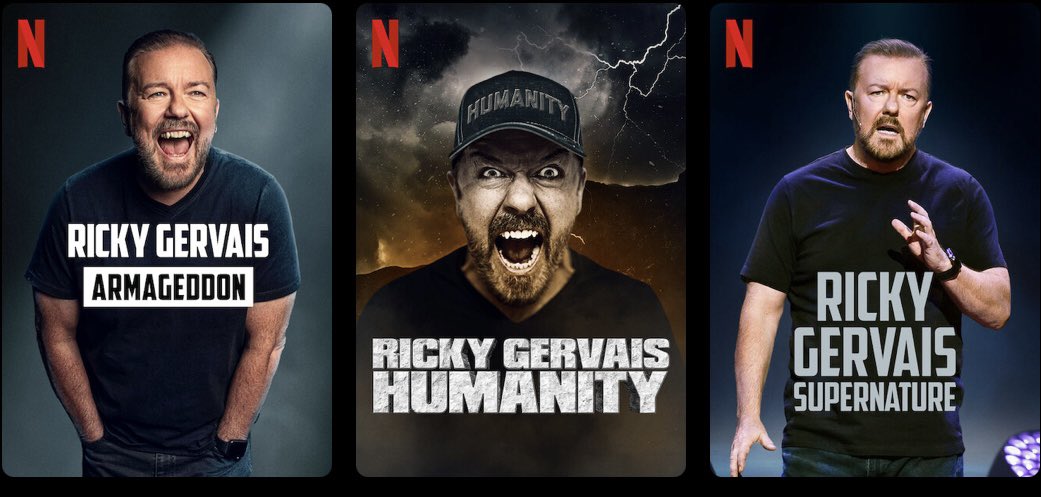 rickygervais's tweet photo. Watch my last 3 stand up specials, streaming now on Netflix around the world 👊 If you’ve already watched them, watch them again.  Which one was your favourite? https://t.co/iPz49mpRL7