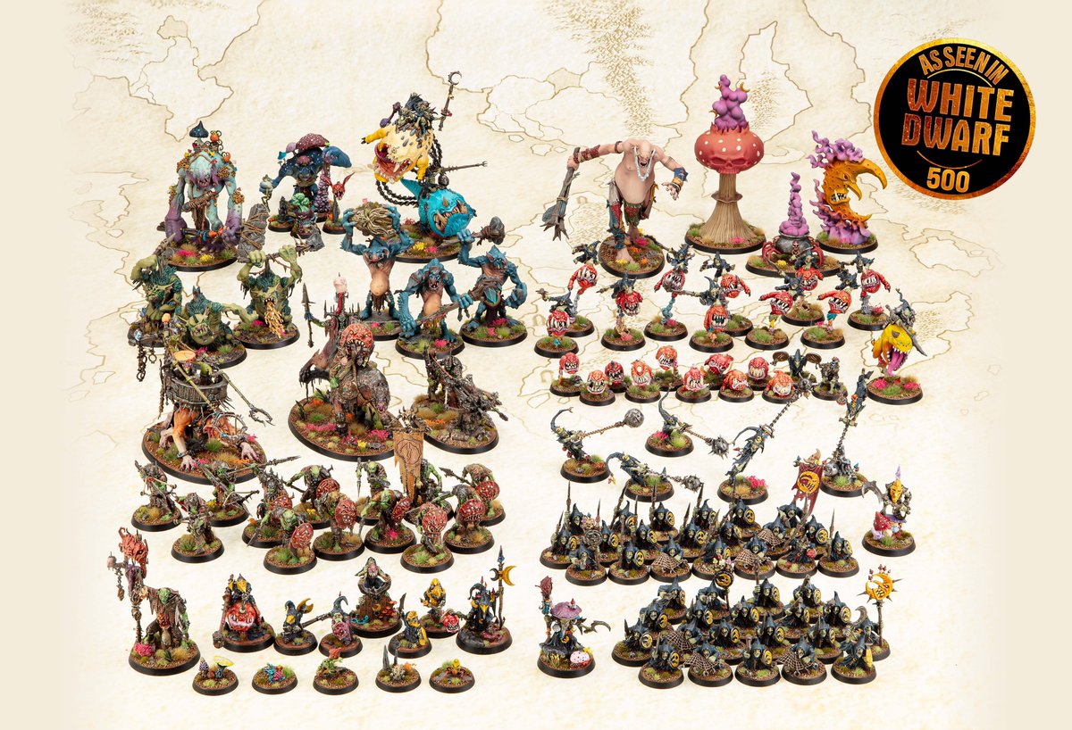 Jamsponge1764's tweet photo. The whole gangs here! Shout out to White Dwarf for the lovely photo of all my Tale of Four Warlords goblins! 🌙 🍄 🧪 https://t.co/jpRFZdrvoW