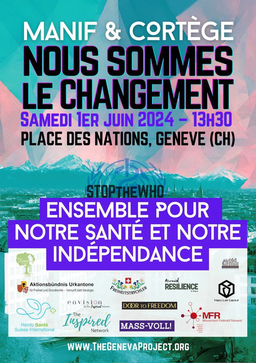 SyndicatSLS's tweet photo. ⚕️🌐OMS : Traité Pandémies et RSI

✊🕊️ Le Syndicat Liberté Santé était présent ce samedi 1er juin 2024 à la manifestation "Nous Sommes le Changement " à Genève, en Suisse 🇨🇭contre les projets liberticides de l'Organisation Mondiale de la Santé.

🧑‍⚕️🕊️👩‍⚕️ Des membres du Conseil d'Administration du Syndicat SLS y ont porté la voix des professionnels de santé et assimilés afin de se rassembler face au putsch de l'OMS sur notre souveraineté sanitaire.

👏 Bravo aux intervenants, aux participants et aux organisateurs de ce rassemblement international pour défendre nos libertés en matière de Santé Publique ! 
@freehumanityorg @inspired_netwk https://t.co/vEeayeSVUa @anhcampaign @Cassandre2305 @I4FH_ @brownstoneinst @door_tofreedom 

⚡️ Mobilisons-nous !👇
➡️ https://t.co/RG9MTksvbM

🫸#StopTheWHO
#StopTraitéOMS🕊️