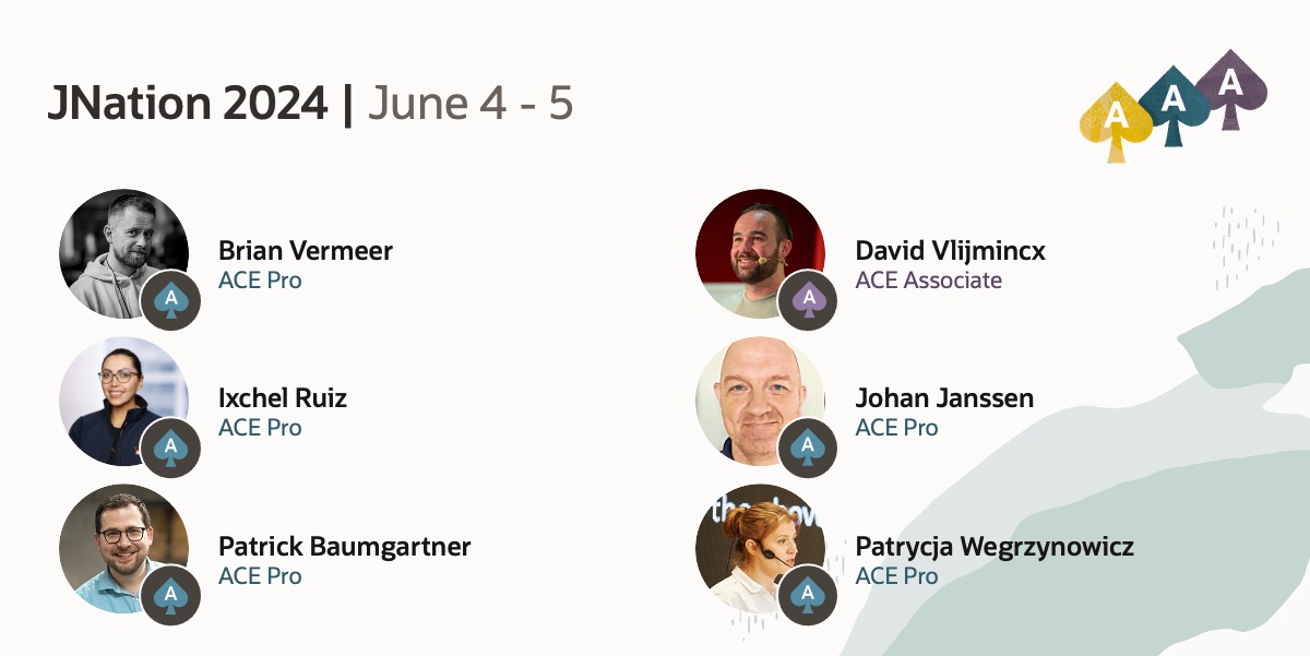 Oracle ACE Program (@oracleace) on Twitter photo Join these amazing ACEs for <a href="/JNationConf/">JNation ๐ต๐น May 27 & 28 - 2025</a>, an this inclusive developer conference covering various topics relevant to the software development industry. ๐
<a href="/BrianVerm/">Brian Vermeer</a> @David_Vlijmincx <a href="/ixchelruiz/">lวษฅษxI ๐๐๐
ธ๐</a> <a href="/johanjanssen42/">Johan Janssen</a> <a href="/patbaumgartner/">Patrick Baumgartner</a> <a href="/yonlabs/">Patrycja Wegrzynowicz</a>
social.ora.cl/6017exUoh
#OracleACE Join these amazing ACEs for <a href="/JNationConf/">JNation ๐ต๐น May 27 & 28 - 2025</a>, an this inclusive developer conference covering various topics relevant to the software development industry. ๐
<a href="/BrianVerm/">Brian Vermeer</a> @David_Vlijmincx <a href="/ixchelruiz/">lวษฅษxI ๐๐๐
ธ๐</a> <a href="/johanjanssen42/">Johan Janssen</a> <a href="/patbaumgartner/">Patrick Baumgartner</a> <a href="/yonlabs/">Patrycja Wegrzynowicz</a>
social.ora.cl/6017exUoh
#OracleACE