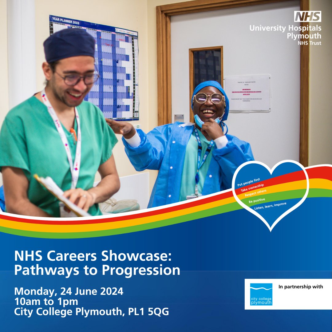 UHP_NHS's tweet photo. Gain insights into the multitude of job roles that contribute to our healthcare system at @uhp_nhs. Don't miss this chance to continue or start your journey towards a fulfilling career.

Join us on Monday 24 June from 10am to 1pm at @cityplym.

https://t.co/JLXuJozs7y https://t.co/qB4XhMBsDA