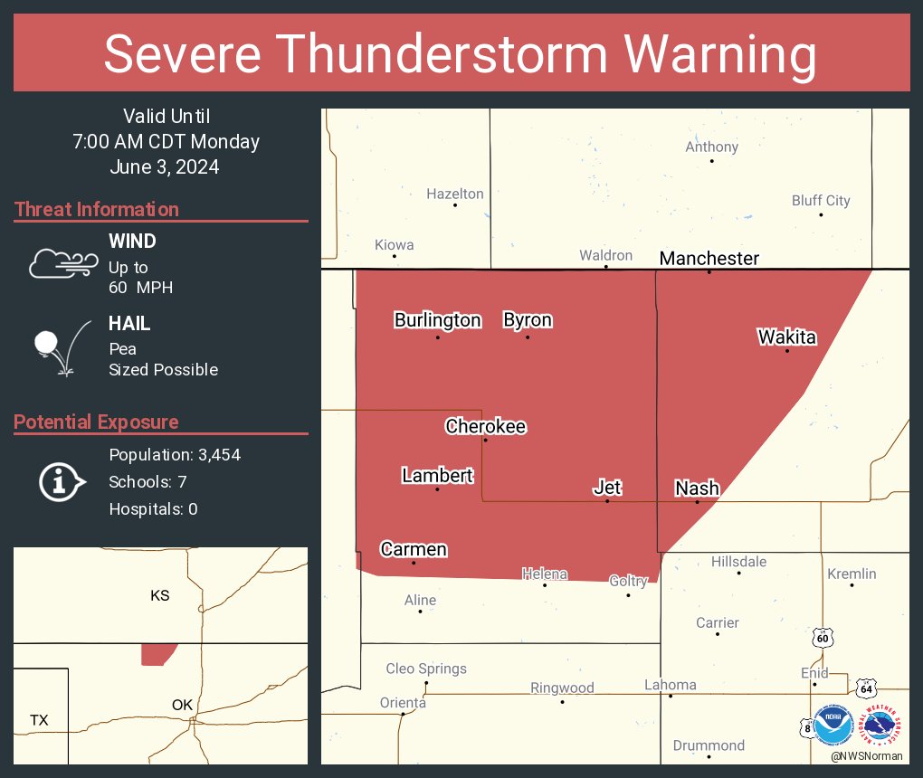 Severe Thunderstorm Warning continues for Cherokee OK, Carmen OK and Wakita OK until 7:00 AM CDT