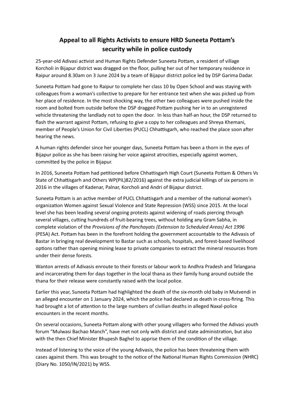 IndInsaf's tweet photo. Appeal to all Rights Activists and organisations to ensure #Adivasi WHRD Suneeta Pottam’s security while in police custody in #ChhattisgarhPlease read statement with details of arrest below @RelatorDd 
@IndiaUNGeneva
@Survival
@londonmining https://t.co/6tADBJDb92