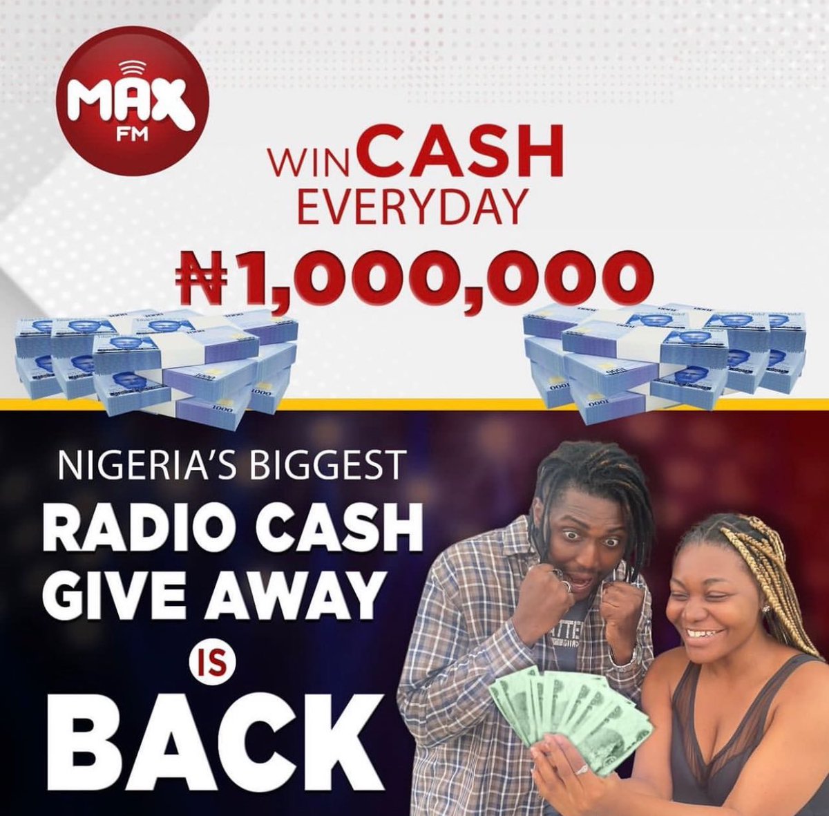 Max1023FM's tweet photo. Max Millions is back and better than ever!!!
Win cash everyday on Nigeria's biggest radio cash give away by simply being the 10th caller on the show.
To participate, call the studio line > 08054376186 #maxmillions https://t.co/QPBmbAHqJh