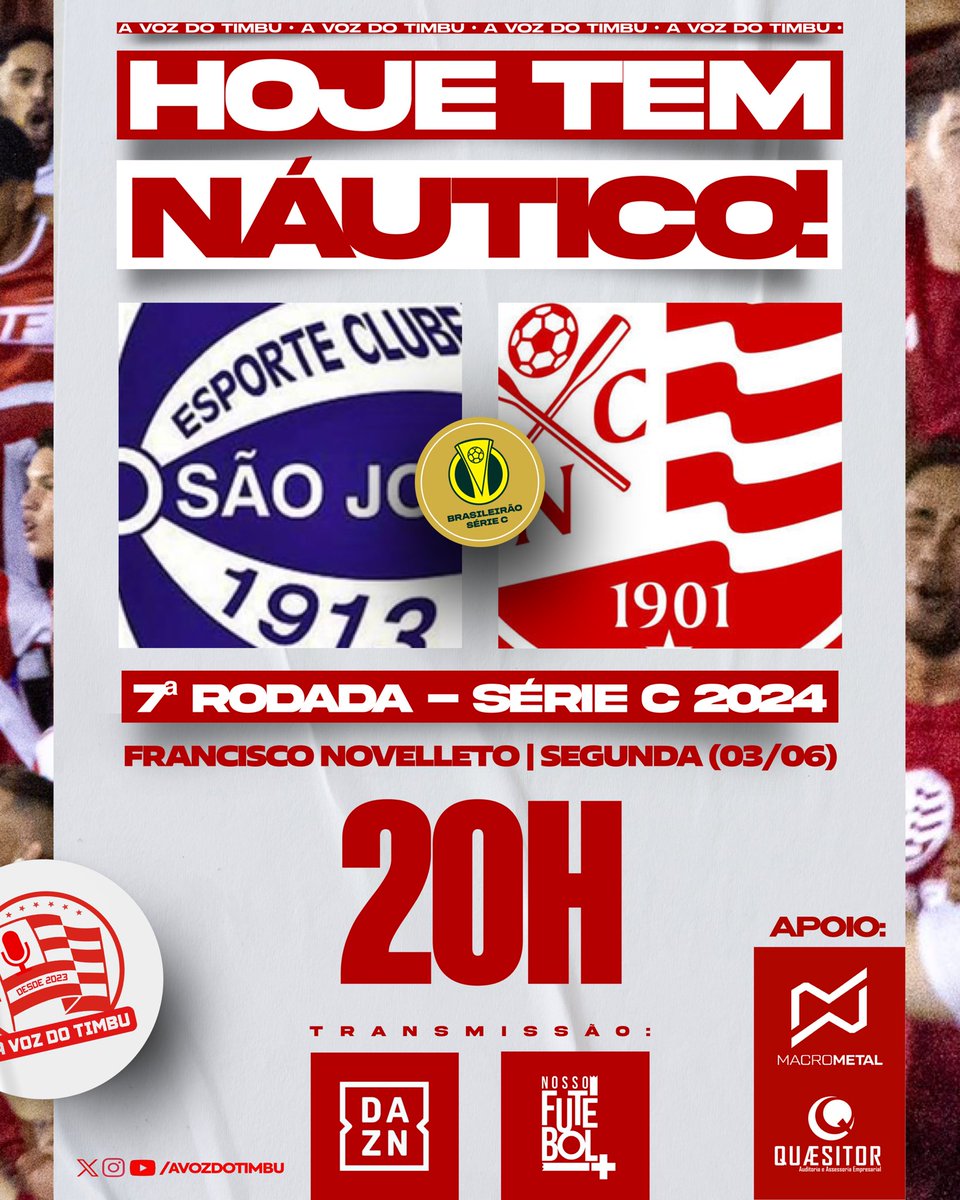 avozdotimbu's tweet photo. HOJE TEM NÁUTICO! #PraCimaDelesTimbu 🇦🇹
🆚 São José/RS x Náutico
🏆 Campeonato Brasileiro Série C 2024
🏁 7ª Rodada
📅 Segunda (03/06)
⏰ 20h
📍 Francisco Novelleto
📺 DAZN e Nosso Futebol
Tudo sobre essa partida disponível em nossa live pré-jogo (link na bio)! https://t.co/FQocNnGDYz