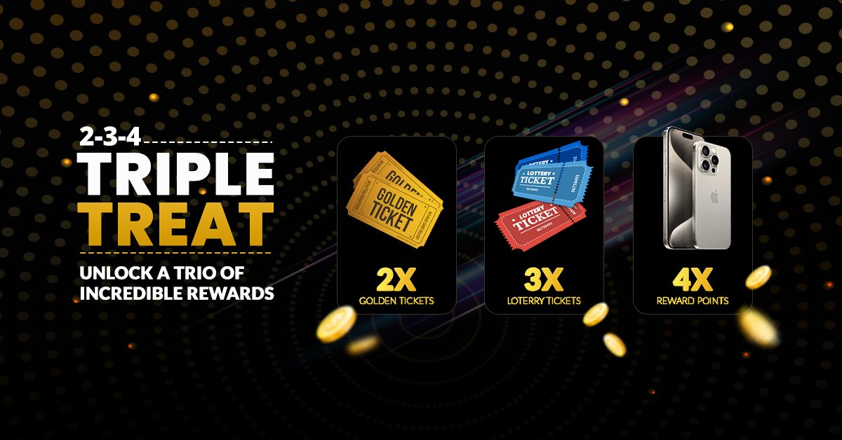 freebitco's tweet photo. [2-3-4 Triple Treat] Ready to supercharge your rewards?

Earn 2x GoldenTickets, 3x LotteryTickets, and 4x RewardPoints for every wager you make! 

Don't miss out on this incredible opportunity to maximize your winnings. https://t.co/AHvdd3NqaR