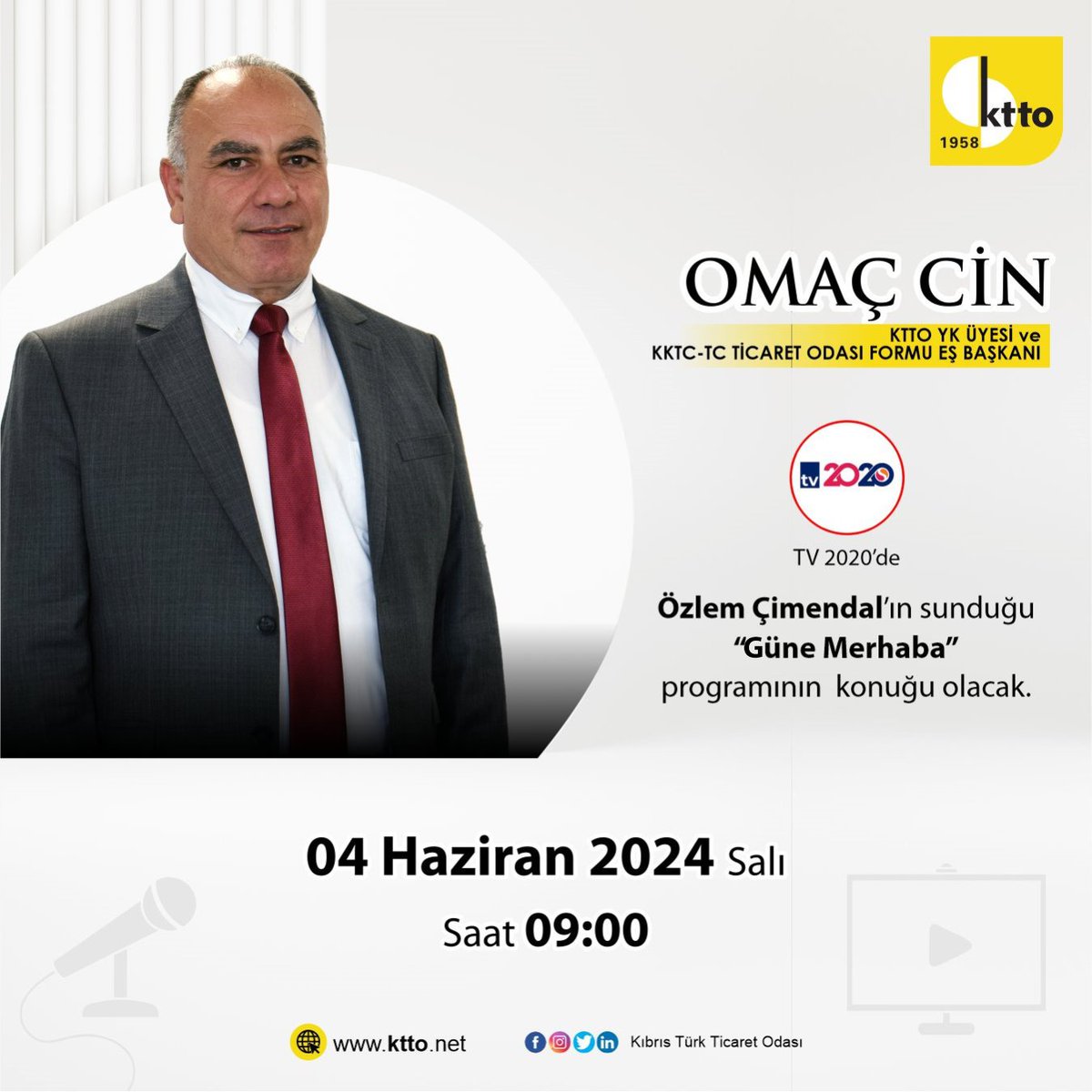 KTTO_TCCC's tweet photo. KTTO YK ÜYESİ ve KKTC-TC Ticaret Odası Forumu Eş Başkanı Omaç Cin,
04 Haziran 2024 Salı Saat 09:00'da Özlem Çimendal’ın sunduğu “Güne Merhaba” programının konuğu olacak.
#ktto #ktto_tccc https://t.co/EZGxw4fk8D