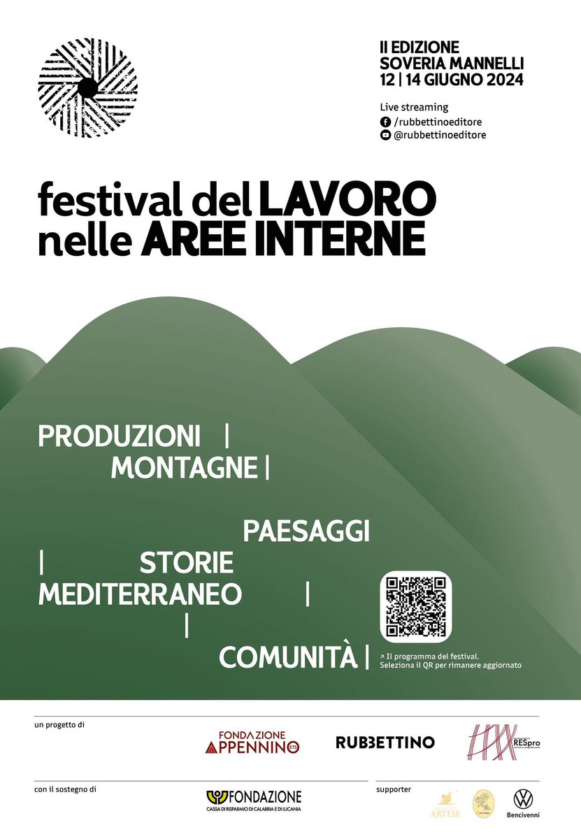 Dal 12 al 14 giugno a Soveria Mannelli (CZ) la seconda edizione  
del FESTIVAL DEL LAVORO DELLE AREE INTERNE realizzato da #FondazioneAppennino, da <a href="/rubbettinobooks/">Rubbettino Editore</a> e da <a href="/respro_/">RESpro</a> Rete di storici.

Scopri il programma 👉  civiltaappennino.it/festival-del-l…