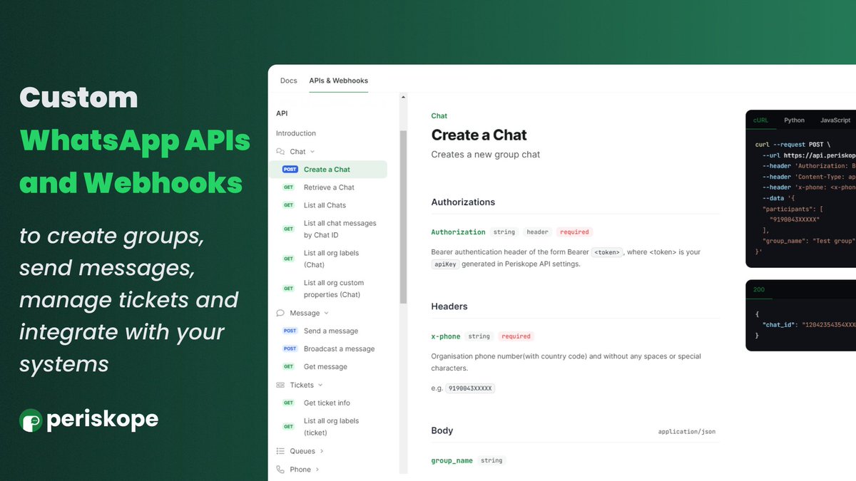 Periskope (@periskope_app) on Twitter photo Periskope Feature Launch Week 2, Day 1
🚀 Today we launch our most valuable feature yet - custom WhatsApp APIs and Webhooks. 
Periskope APIs lets you extend the capabilities of WhatsApp and integrate it with your own app, offering capabilities such as sending messages, raising Periskope Feature Launch Week 2, Day 1
🚀 Today we launch our most valuable feature yet - custom WhatsApp APIs and Webhooks. 
Periskope APIs lets you extend the capabilities of WhatsApp and integrate it with your own app, offering capabilities such as sending messages, raising