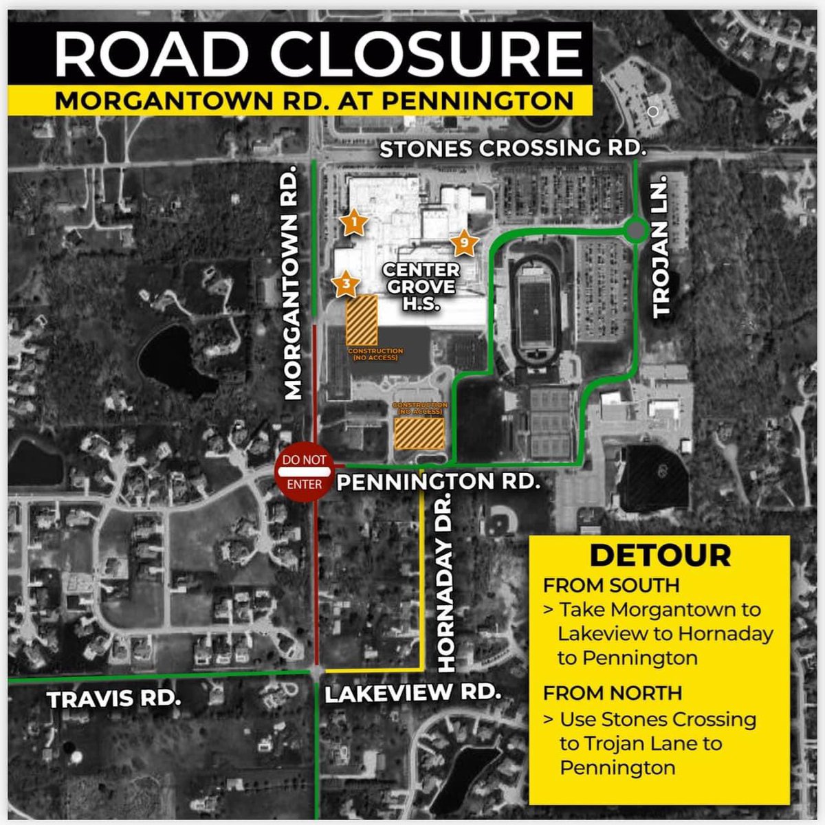 🚧HEADS UP FOR WING-T🏈
Beginning TODAY Morgantown Rd will be closed at Pennington Rd while crews install a new stoplight and sidewalks at that intersection. Morgantown will remain open to Travis Rd. To access the high school campus,Stones Crossing Rd to Trojan Lane will be open.