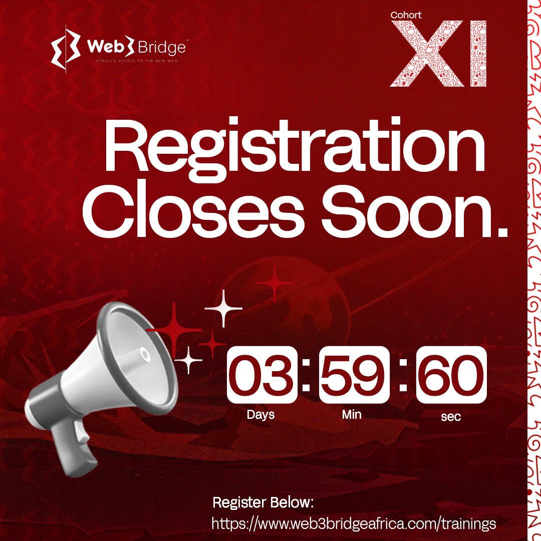 Web3Bridge's tweet photo. The countdown to the closing of registration has officially begun!

Go back to that open tab and submit your application now. 🫵🏽

PS. Don’t forget to share this opportunity with that someone who needs it. 🚀

🔗 https://t.co/Qh3h0zHDva https://t.co/FFxoVj1CRy