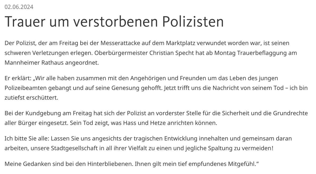 Christian Specht, Bürgermeister von #Mannheim betreibt Täter-Opfer-Umkehr und will Bürger weiterhin der Gefahr durch den politischen Islam aussetzen. Gehört unverzüglich abgewählt!