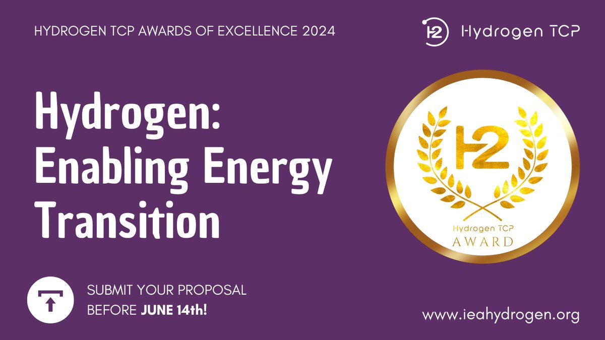 📣Are you working on an innovative #hydrogen project?Submit it to the IEA Hydrogen TCP Awards of Excellence 2024 before June 14th!

Submit it here: forms.gle/xMG8hHdVegB265…

The winner(s) will be announced on July 30th.