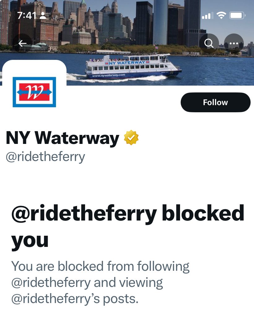 SherMehta's tweet photo. @parkinhoboken @ridetheferry Careful as you might get blocked like I did. I guess holding companies accountable for their customer service is against their policy. https://t.co/cTFR2Sw0yw