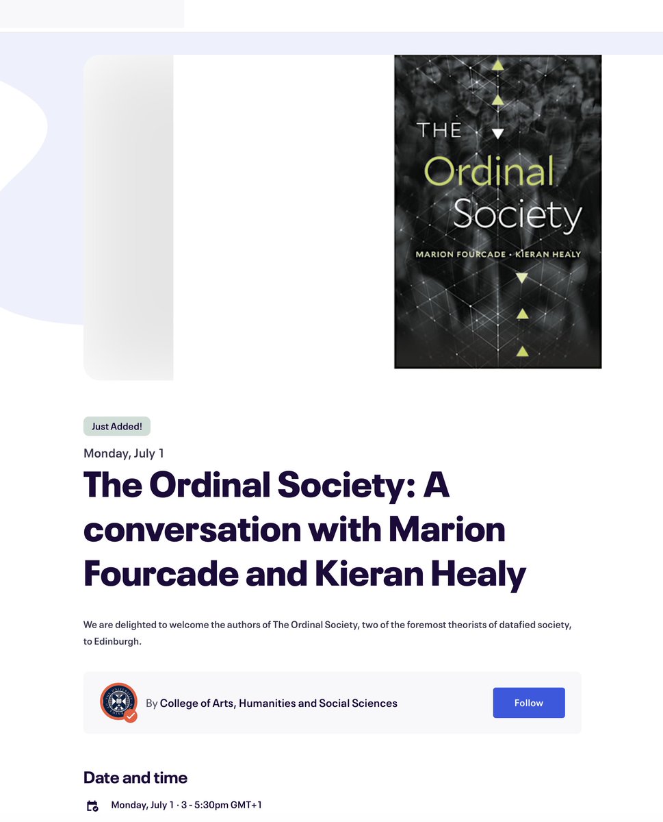 Liz McFall @allartmarkets.bsky.social (@allartmarkets) on Twitter photo EVENT NEWS! Marion Fourcade & Kieran Healy are coming to Edinburgh for a public event celebrating the publication of the Ordinal Society .. hosted at UoE Business School on July 1st (& a bit of @jcultecon, Donald Mackenzie, <a href="/busedoyu/">elif buse doyuran</a> <a href="/addiemcgowan/">Addie McGowan</a> ) eventbrite.co.uk/e/the-ordinal-… EVENT NEWS! Marion Fourcade & Kieran Healy are coming to Edinburgh for a public event celebrating the publication of the Ordinal Society .. hosted at UoE Business School on July 1st (& a bit of @jcultecon, Donald Mackenzie, <a href="/busedoyu/">elif buse doyuran</a> <a href="/addiemcgowan/">Addie McGowan</a> ) eventbrite.co.uk/e/the-ordinal-…