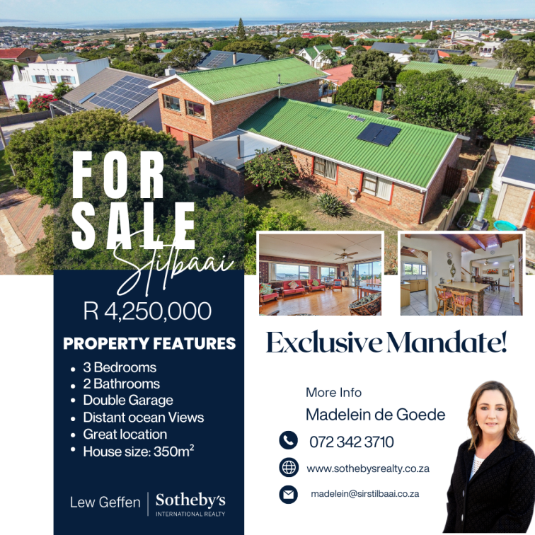 SStilbaai's tweet photo. EXCLUSIVE MANDATE STILBAAI I R 4 250 000
Fabulous 3 bed family home for sale in a great location. Great entertainment options, indoor &amp; outdoor.
Madelein 072 342 3710 for more information. https://t.co/1vMUV5kMc0