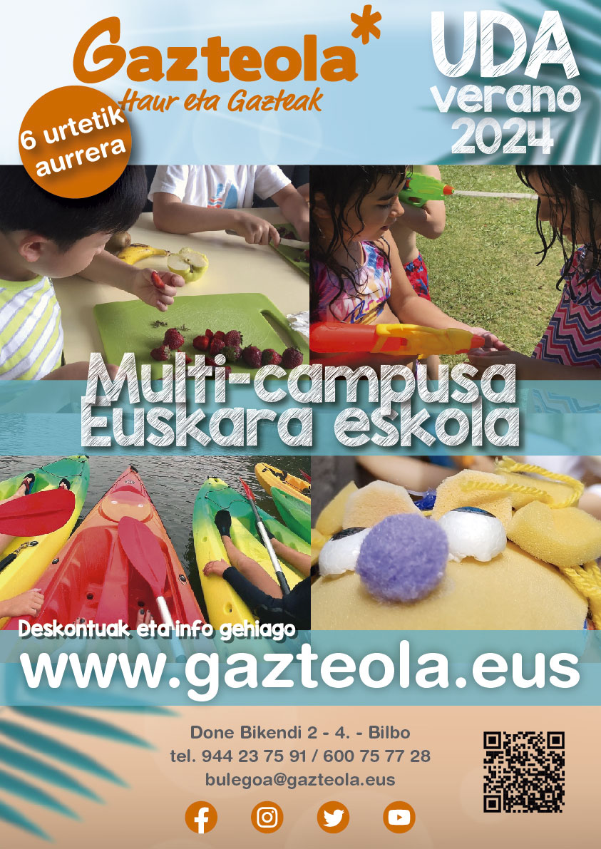 Uda 2024 #euskaraz GAZTEOLAn: 
-Haurrentzat multi-campus eta euskara eskolak
gazteola.eus/campus-kolonia…

Verano con GAZTEOLA:
-Multicampus infantiles y clases de euskera para niños y niñas en Bilbao
gazteola.eus/es/campus-colo…

#Udalekuak #Colonias #Campus #Euskera
