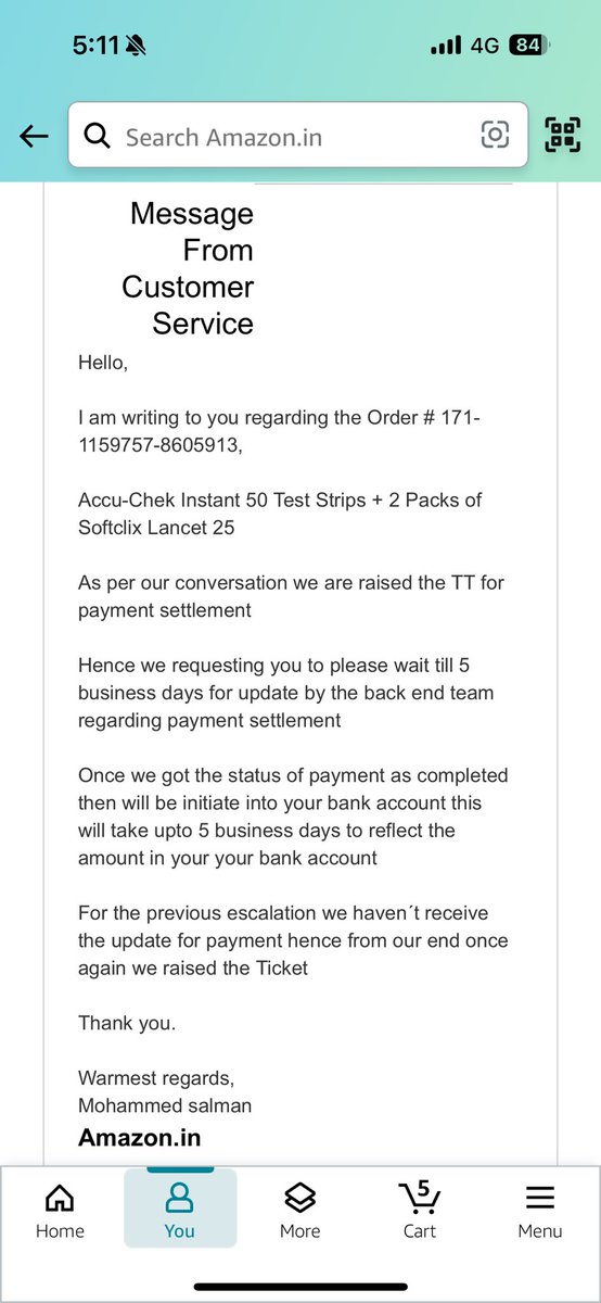 Sandesh_C97's tweet photo. @amazonIN  I’m writing to highlight how Amazon support holds your money hostage and are so dependent on customer inputs at every step of the way to get a meaningful resolution. Reg- Order date:06-May-2024 
Order # 171-1159757-8605913 
Order total-₹1,299.00
No refund till date. https://t.co/KKxoZPf0Tr