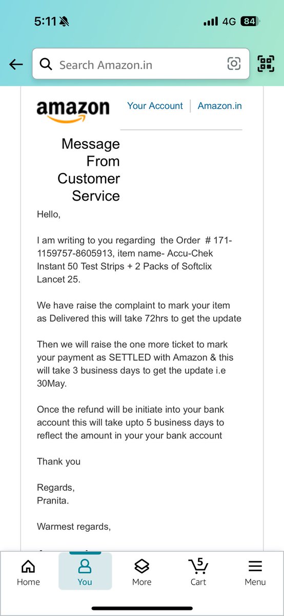Sandesh_C97's tweet photo. @amazonIN  I’m writing to highlight how Amazon support holds your money hostage and are so dependent on customer inputs at every step of the way to get a meaningful resolution. Reg- Order date:06-May-2024 
Order # 171-1159757-8605913 
Order total-₹1,299.00
No refund till date. https://t.co/KKxoZPf0Tr