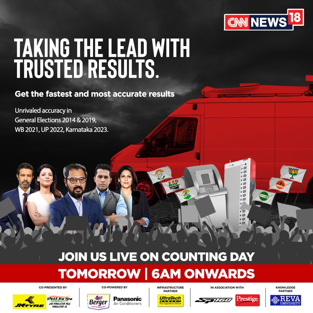 With the best anchors team and a flawless track record in past Elections, CNN-News18 brings you the fastest and most accurate results. Tune in to CNN-News18 tomorrow at 6am for all the action. #LokSabhaPolls2024 #June4WithNews18 #CountingDayWithNews18