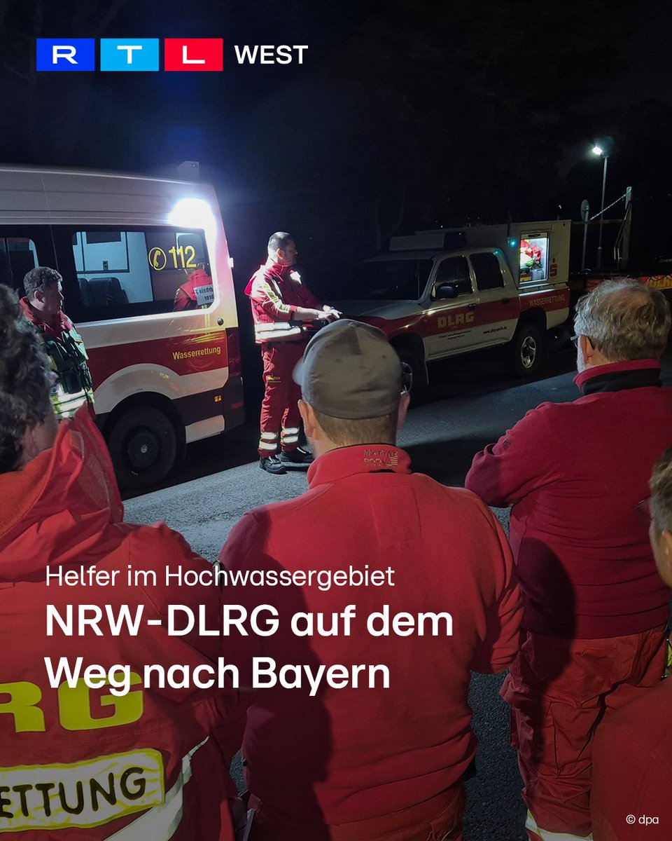 RTLWEST's tweet photo. Das #NRW-Innenministerium hat Helfer ins bayerische #Hochwassergebiet geschickt. Insgesamt sind fünf Wasserrettungszüge der #DLRG im Einsatz. #Dauerregen sorgt in Bayern weiter für hohe #Pegelstände. Die NRW-Helfer sollen vor allem #Deiche sichern. https://t.co/YMHJEiSKUg